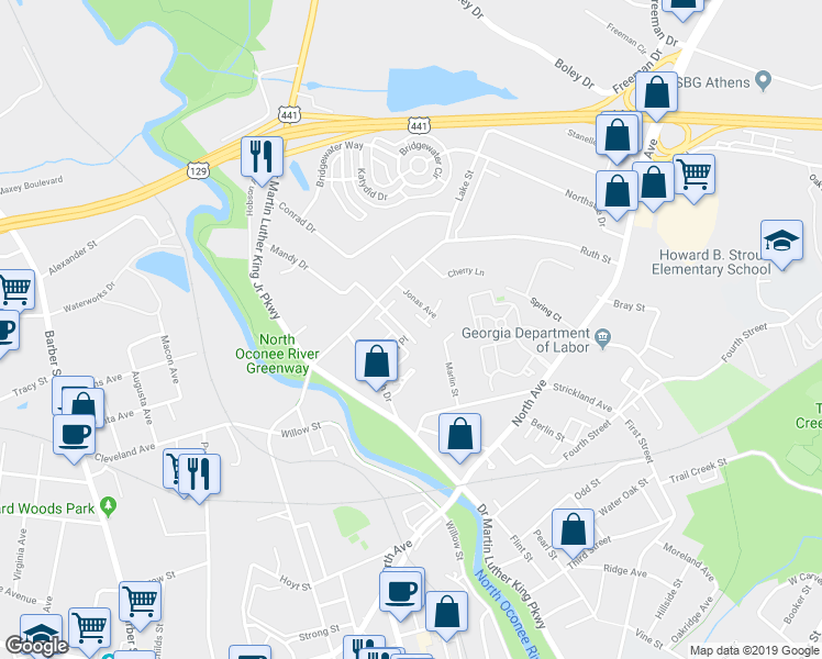 map of restaurants, bars, coffee shops, grocery stores, and more near 149 Magnolia Bluff Drive in Athens