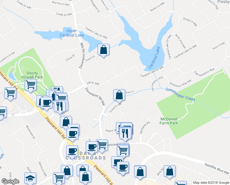 map of restaurants, bars, coffee shops, grocery stores, and more near 2525 Davenport Park Drive in Duluth