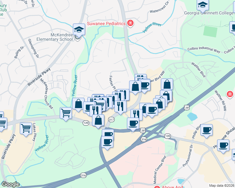 map of restaurants, bars, coffee shops, grocery stores, and more near 966 Fairfax Place Northwest in Lawrenceville