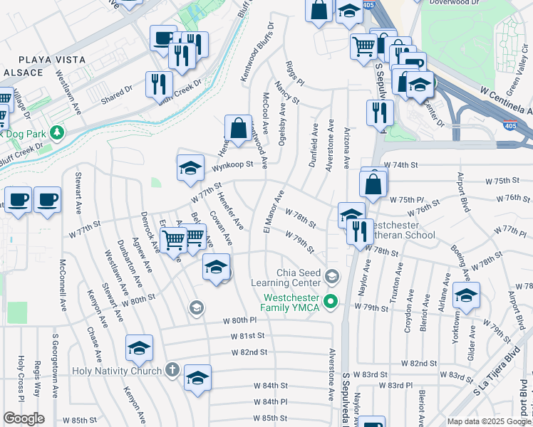 map of restaurants, bars, coffee shops, grocery stores, and more near 7819 El Manor Avenue in Los Angeles