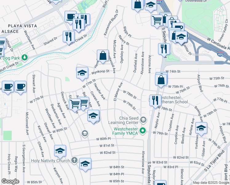 map of restaurants, bars, coffee shops, grocery stores, and more near 7819 El Manor Avenue in Los Angeles