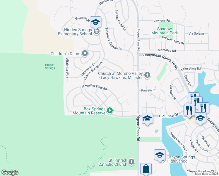 map of restaurants, bars, coffee shops, grocery stores, and more near 22770 Mountain View Road in Moreno Valley