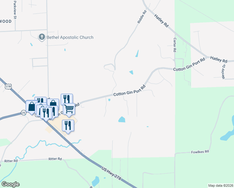 map of restaurants, bars, coffee shops, grocery stores, and more near 60433 Cotton Gin Port Road in Amory