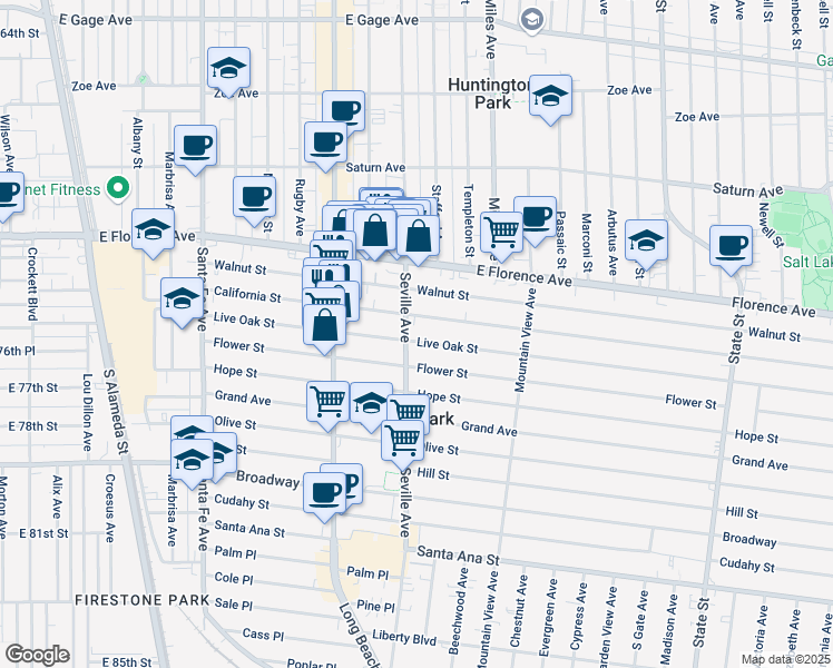 map of restaurants, bars, coffee shops, grocery stores, and more near 7401 Seville Avenue in Huntington Park