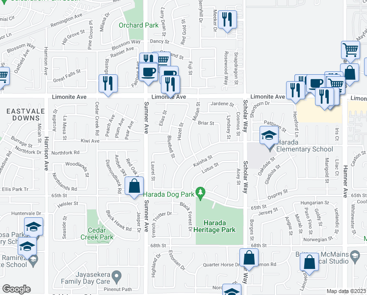 map of restaurants, bars, coffee shops, grocery stores, and more near 6400 Hazel Street in Corona