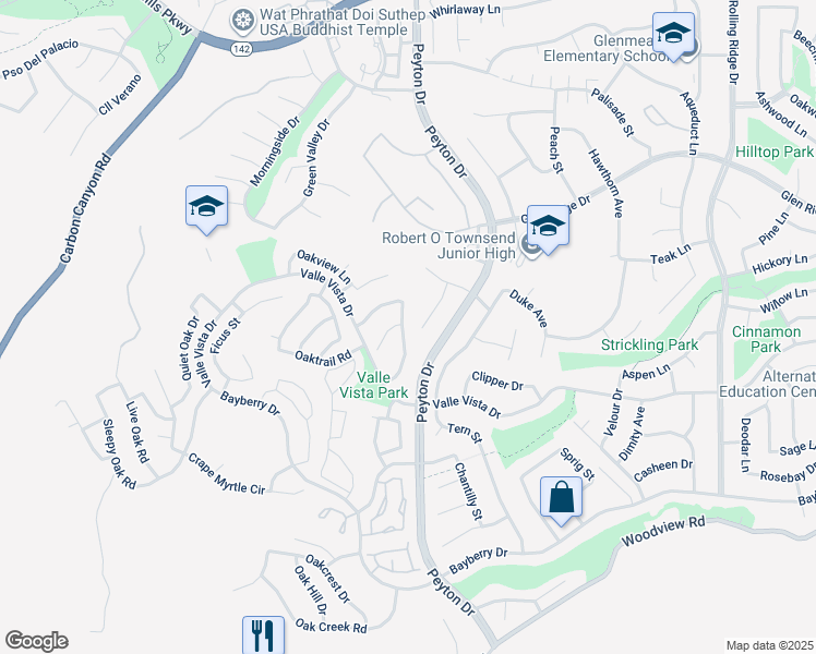 map of restaurants, bars, coffee shops, grocery stores, and more near 15507 Oakdale Road in Chino Hills