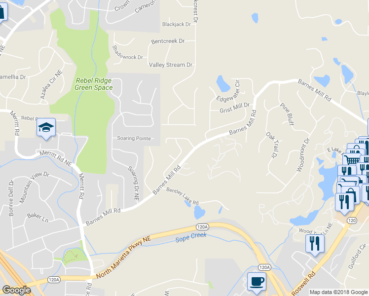 map of restaurants, bars, coffee shops, grocery stores, and more near 1698 Cedar Bluff Way in Marietta