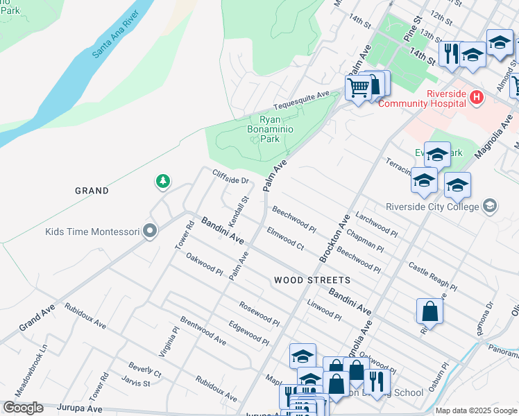 map of restaurants, bars, coffee shops, grocery stores, and more near in Riverside