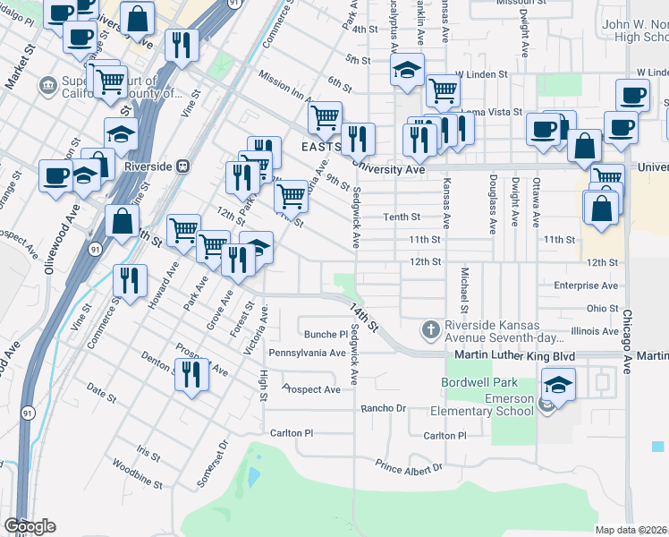 map of restaurants, bars, coffee shops, grocery stores, and more near 2481 12th Street in Riverside