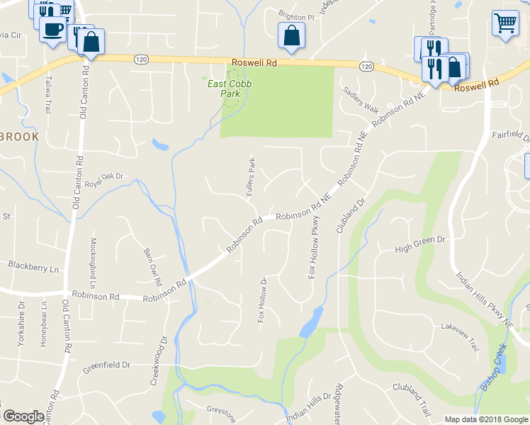 map of restaurants, bars, coffee shops, grocery stores, and more near 901 Highbury Lane Northeast in Marietta