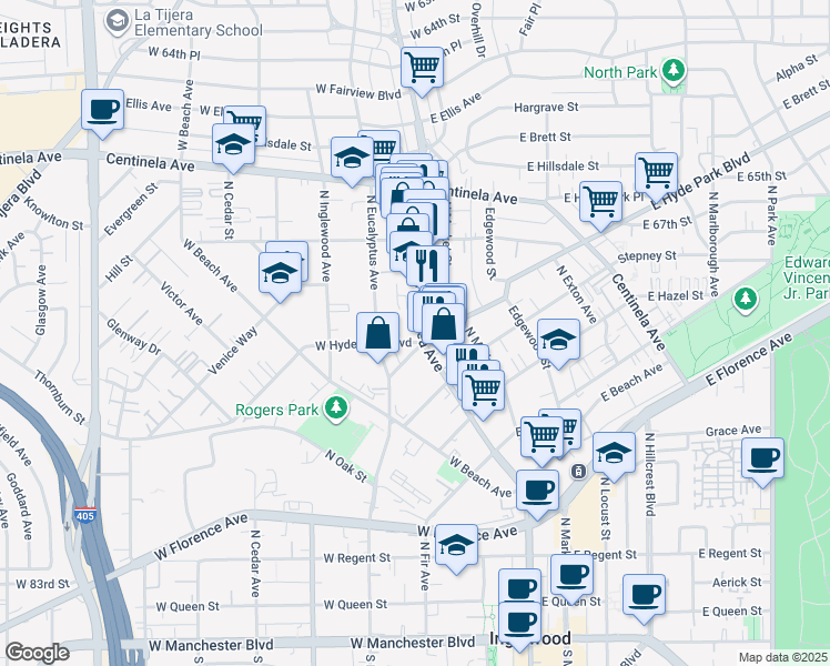 map of restaurants, bars, coffee shops, grocery stores, and more near 707 North La Brea Avenue in Inglewood