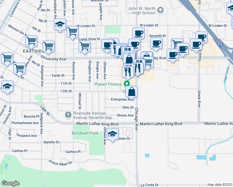 map of restaurants, bars, coffee shops, grocery stores, and more near 1813 12th Street in Riverside