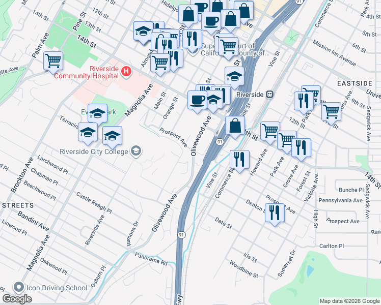 map of restaurants, bars, coffee shops, grocery stores, and more near 3431 Prospect Avenue in Riverside