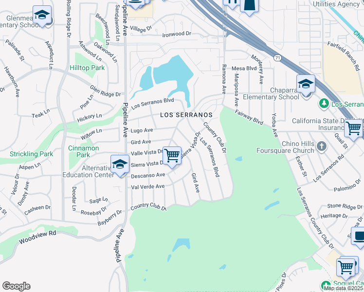 map of restaurants, bars, coffee shops, grocery stores, and more near 4360 Lugo Avenue in Chino Hills