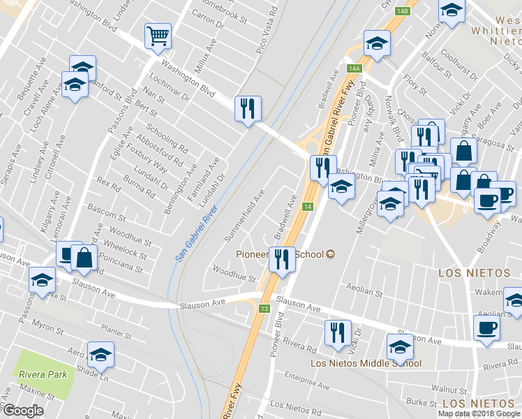map of restaurants, bars, coffee shops, grocery stores, and more near 8165 Shadyside Avenue in Whittier