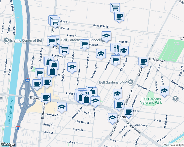 map of restaurants, bars, coffee shops, grocery stores, and more near 6607 El Cortez Avenue in Bell Gardens