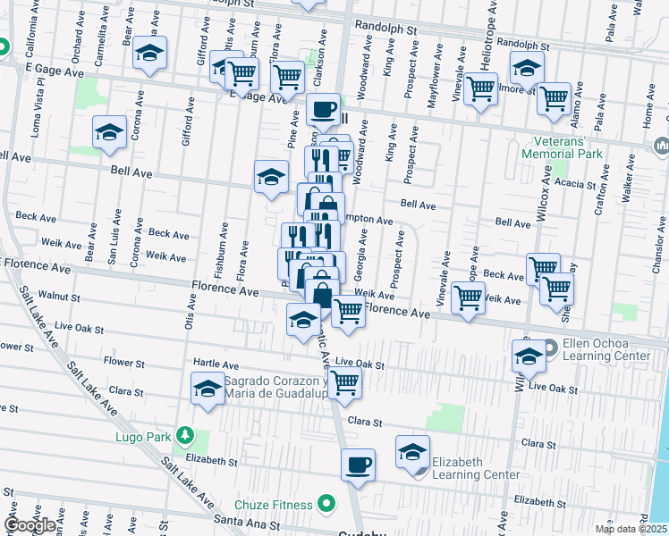 map of restaurants, bars, coffee shops, grocery stores, and more near 7000 Woodward Avenue in Bell