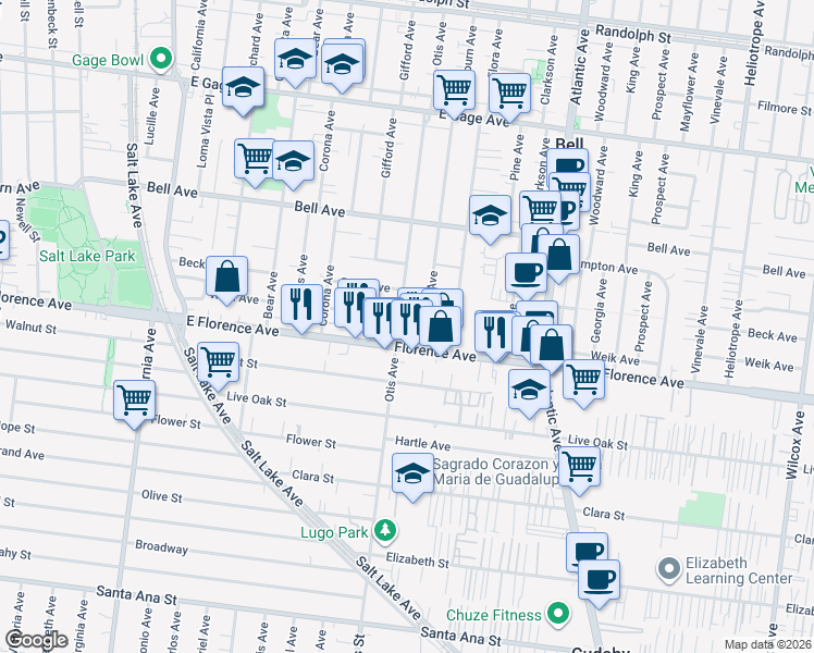 map of restaurants, bars, coffee shops, grocery stores, and more near 4116 Beck Avenue in Bell