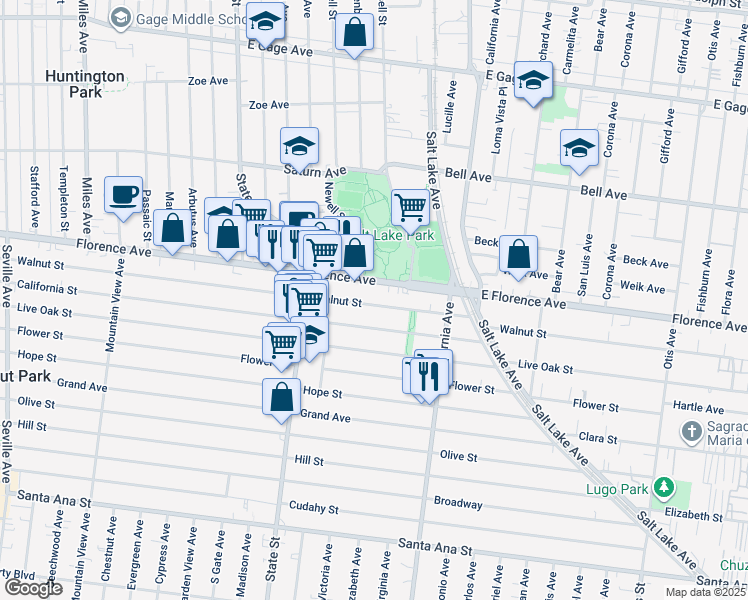 map of restaurants, bars, coffee shops, grocery stores, and more near 3400 East Florence Avenue in Huntington Park