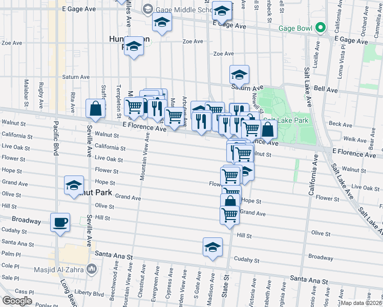 map of restaurants, bars, coffee shops, grocery stores, and more near 3060 Walnut Street in Huntington Park