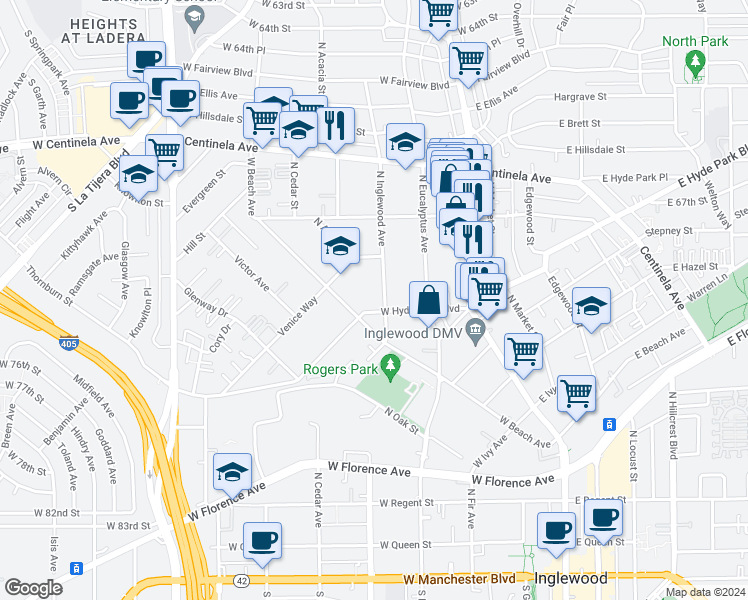 map of restaurants, bars, coffee shops, grocery stores, and more near 729 South Inglewood Avenue in Inglewood