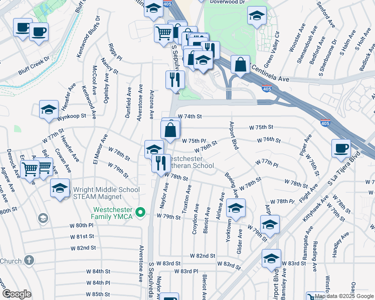 map of restaurants, bars, coffee shops, grocery stores, and more near 6144 West 75th Place in Los Angeles