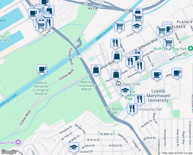 map of restaurants, bars, coffee shops, grocery stores, and more near 5625 Crescent Park West in Los Angeles