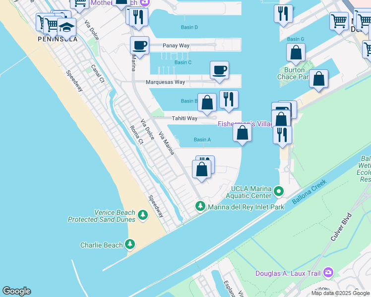 map of restaurants, bars, coffee shops, grocery stores, and more near 4478 Vía Marina in Marina del Rey