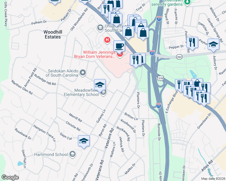 map of restaurants, bars, coffee shops, grocery stores, and more near 6567 Queens Way Drive in Columbia