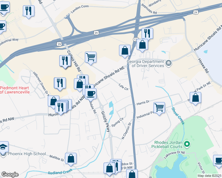 map of restaurants, bars, coffee shops, grocery stores, and more near 566 Sharon Drive in Lawrenceville