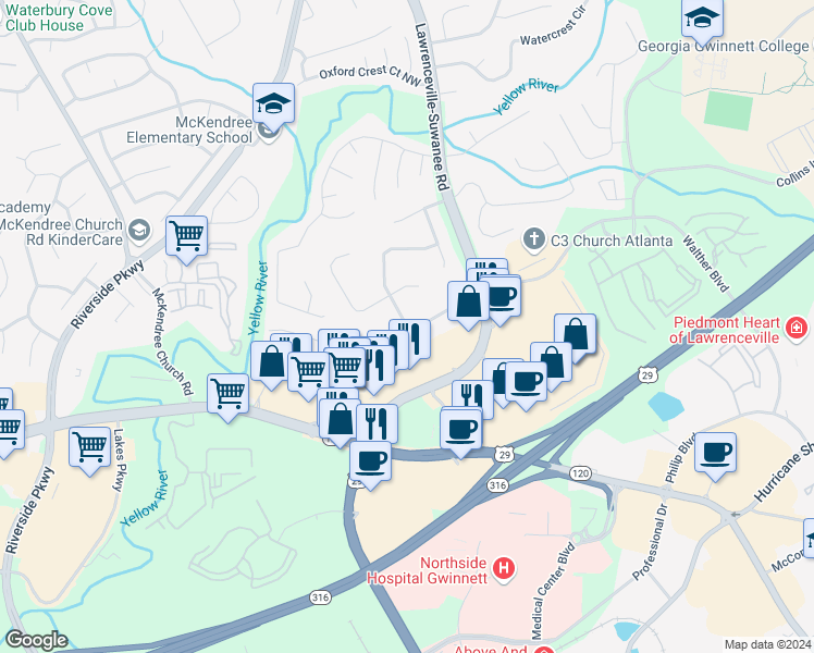 map of restaurants, bars, coffee shops, grocery stores, and more near 955 Fairfax Place Northwest in Lawrenceville