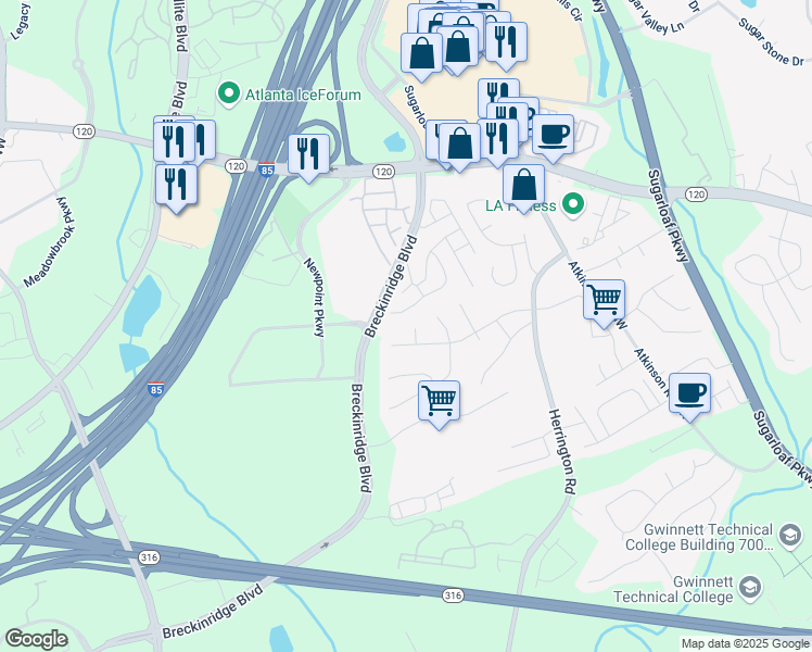 map of restaurants, bars, coffee shops, grocery stores, and more near 1842 Jarrett Drive in Lawrenceville