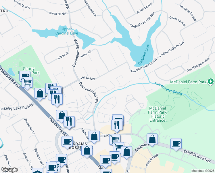 map of restaurants, bars, coffee shops, grocery stores, and more near 2525 Davenport Park Drive in Duluth