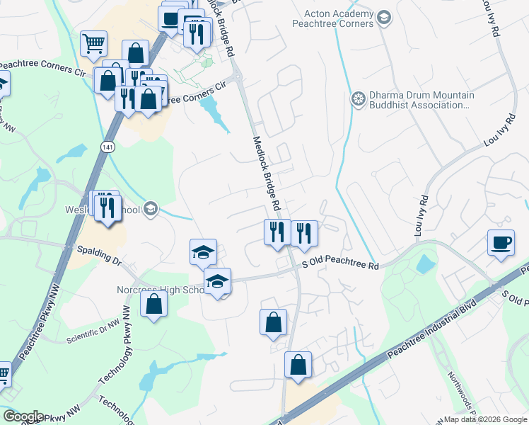 map of restaurants, bars, coffee shops, grocery stores, and more near 3480 Bridge Mill Court in Norcross