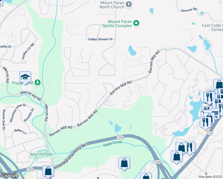 map of restaurants, bars, coffee shops, grocery stores, and more near 1505 Cedar Bluff Trail in Marietta