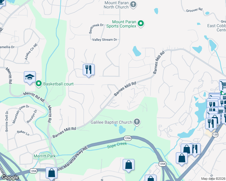 map of restaurants, bars, coffee shops, grocery stores, and more near 1698 Cedar Bluff Way in Marietta