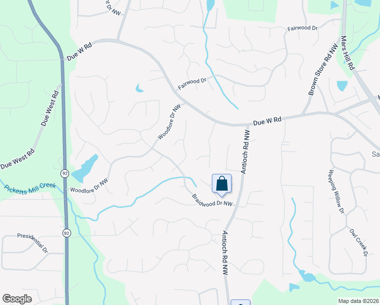 map of restaurants, bars, coffee shops, grocery stores, and more near 678 Braidwood Terrace Northwest in Acworth