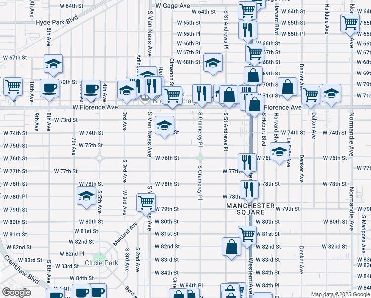 map of restaurants, bars, coffee shops, grocery stores, and more near 2036 West 75th Street in Los Angeles