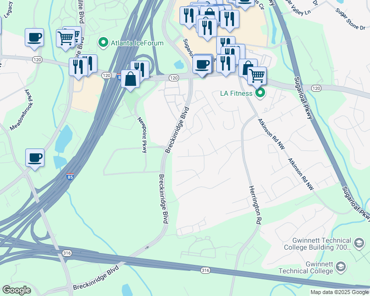 map of restaurants, bars, coffee shops, grocery stores, and more near 1842 Jarrett Drive in Lawrenceville