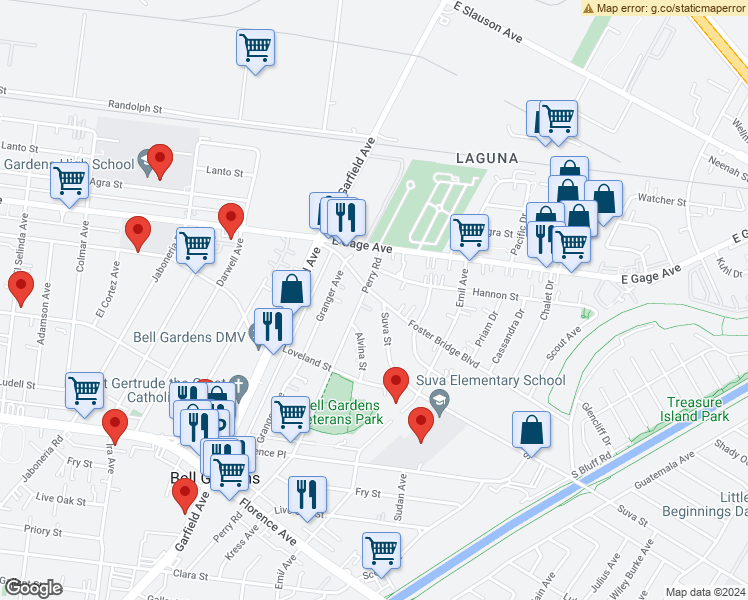 map of restaurants, bars, coffee shops, grocery stores, and more near 6514 Foster Bridge Boulevard in Bell Gardens
