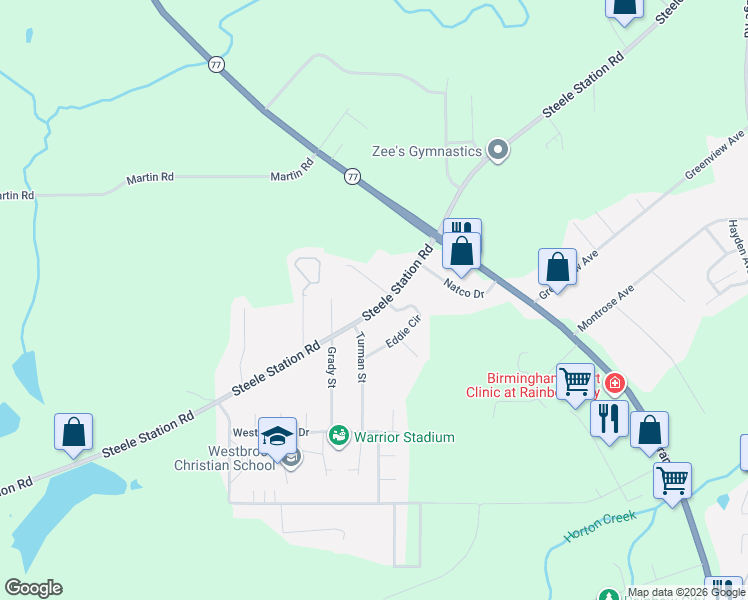 map of restaurants, bars, coffee shops, grocery stores, and more near 1320 Steele Station Road in Rainbow City