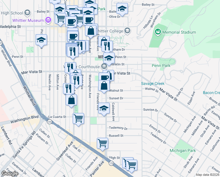 map of restaurants, bars, coffee shops, grocery stores, and more near 13411 Walnut Street in Whittier