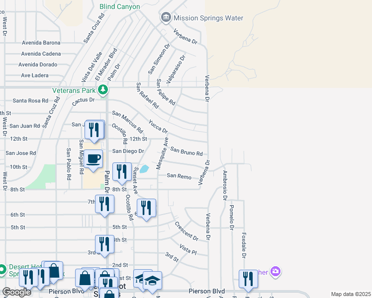 map of restaurants, bars, coffee shops, grocery stores, and more near 66886 San Bruno Road in Desert Hot Springs