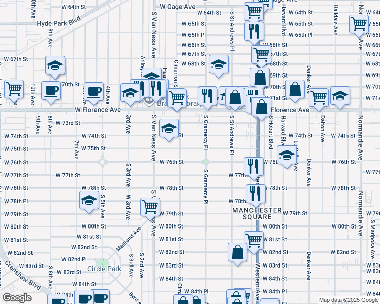 map of restaurants, bars, coffee shops, grocery stores, and more near 2036 West 75th Street in Los Angeles