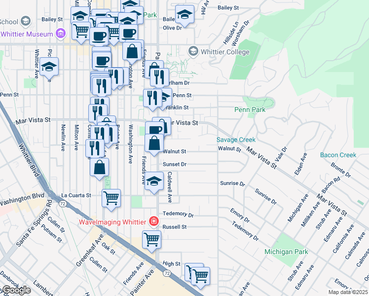 map of restaurants, bars, coffee shops, grocery stores, and more near 13611 Walnut Street in Whittier