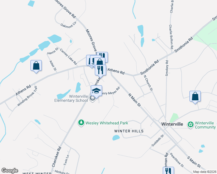 map of restaurants, bars, coffee shops, grocery stores, and more near 142 Henry Meyer Road in Winterville