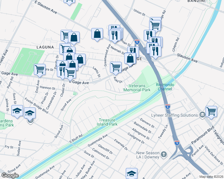 map of restaurants, bars, coffee shops, grocery stores, and more near 6342 Greenwood Avenue in Commerce