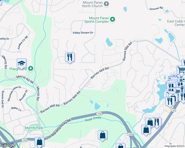 map of restaurants, bars, coffee shops, grocery stores, and more near 1505 Cedar Bluff Trail in Marietta