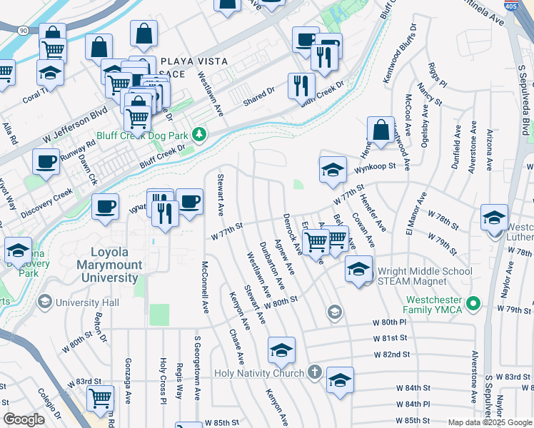map of restaurants, bars, coffee shops, grocery stores, and more near 7541 Agnew Avenue in Los Angeles