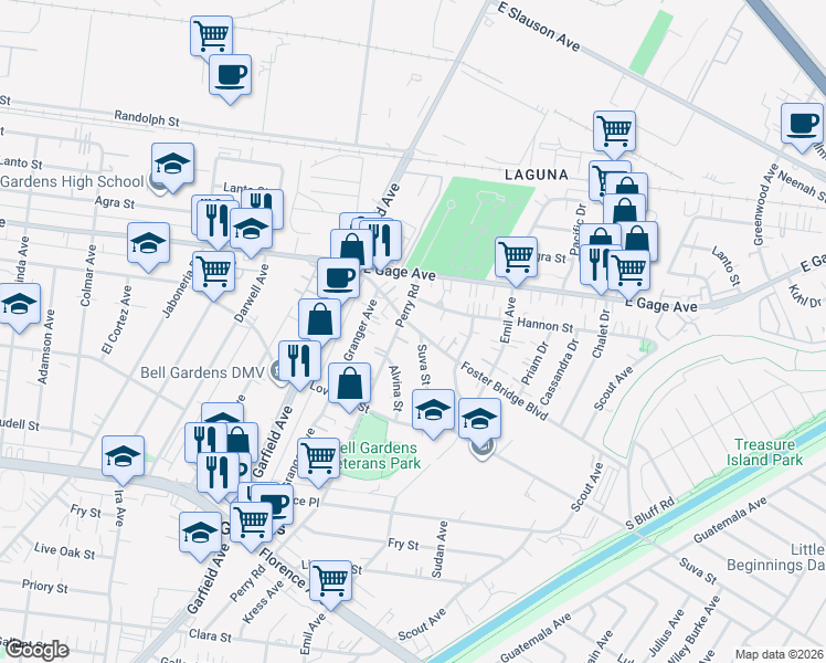 map of restaurants, bars, coffee shops, grocery stores, and more near 6514 Foster Bridge Boulevard in Bell Gardens